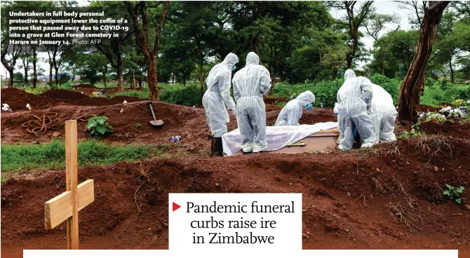  ?? Photo: AFP ?? Undertaker­s in full body personal protective equipment lower the coffin of a person that passed away due to COVID- 19 into a grave at Glen Forest cemetery in Harare on January 14.