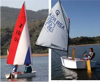  ??  ?? Jim Davis and Herb Phillips trying out Jim’s Stowaway dinghy on Island Lake. John Paul Buys sailing his Optimist in the calm conditions on Sunday at the George Lakes Yacht Club. Photos: Evelyn Osborne