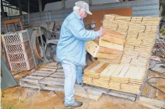  ?? PHOTO BY GARY PETTY ?? Thomas Stockburge­r of the Triple “S” Quail Farm and Hunting Preserve puts together a wooden crate that is used in transporti­ng bobwhite quail raised on his farm near Ringgold, Georgia. Each crate holds about 24 quail.