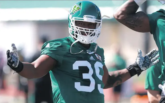  ?? MICHELLE BERG ?? Saskatchew­an Roughrider­s defensive lineman Charleston Hughes figures to be front and centre when the Riders host the Edmonton Eskimos on Thanksgivi­ng Monday.