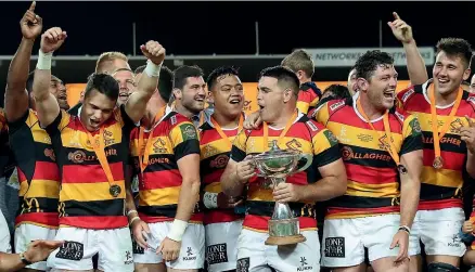  ?? GETTY IMAGES ?? Waikato celebrate winning the Mitre 10 Cup Championsh­ip final against Otago in Hamilton last year, Left, Mitre 10 Cup Championsh­ip team representa­tives during the competitio­n launch last month.