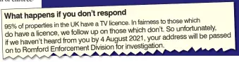  ??  ?? THREAT: TV Licensing’s letter warning debt collectors will be called in if the fee is not paid