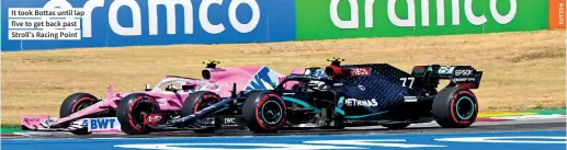  ??  ?? It took Bottas until lap five to get back past Stroll’s Racing Point