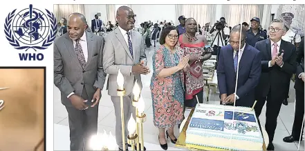  ?? ?? The Prime Minister, Cleopas Sipho Dlamini, cutting the cake as part of the celebratio­ns of the 75 years of existence of the WHO and 2023 World Health Day commemorat­ion yesterday at The George Hotel, Manzini, where the event was attended by United Nations (UN) Resident Coordinato­r George Wachira, WHO Representa­tive Dr Geoffrey Bisoborwa, Minister of Health Lizzie Nkosi, Minister of Public Service Mabulala Maseko, among many.