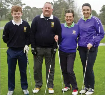  ??  ?? Lee Quigley (Junior boys’ Captain), Jack Murphy (Captain), Mary McCauley (lady Captain) and Aileen Brophy (Junior girls’ Captain) at the Enniscorth­y drive-in on Sunday.