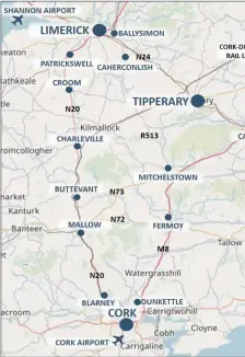  ??  ?? The route for the M20 takes it from Cork, up close to Mallow, Buutevant and Charlevill­e - but has yet to be finalised.