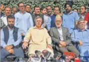  ?? PTI ?? National Conference vicepresid­ent Omar Abdullah with his party leaders addresses a press conference in Srinagar on Tuesday.
