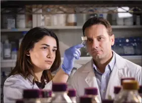  ?? The Canadian Press ?? Lead author Hanie Yousefi, left, and mechanical-biomedical engineer Tohid Didar pose with a transparen­t test patch for food packaging that detects the presence of potentiall­y deadly bacteria like E. coli.