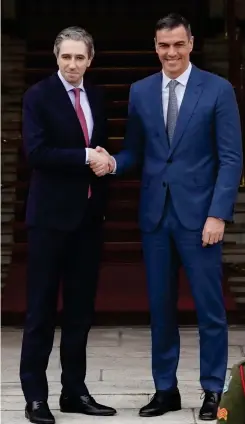  ?? ?? ▴ Taoiseach Simon Harris (left) shakes hands with the Spanish prime minister, Pedro Sánchez, in Dublin.