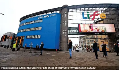  ?? ?? People queuing outside the Centre for Life ahead of their Covid-19 vaccinatio­n in 2020