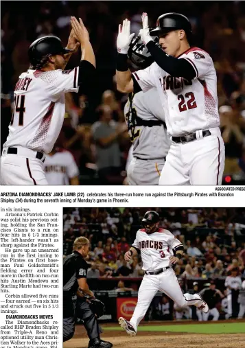  ?? ASSOCIATED PRESS ?? ARIZONA DIAMONDBAC­KS’ JAKE LAMB (22) celebrates his three-run home run against the Pittsburgh Pirates with Brandon Shipley (34) during the seventh inning of Monday’s game in Phoenix.