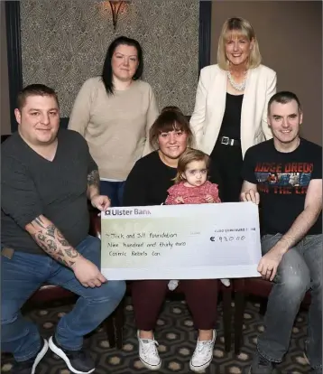  ??  ?? At the Cosmic Rebel Con presentati­on of a cheque for €930 to the Jack & Jill Foundation in the Riverside Park Hotel were back row: Linda Mahon and Joanne Doyle, children’s nurse Jack & Jill Foundation; front row: Brian Thomas, Becky and Bella Rose...