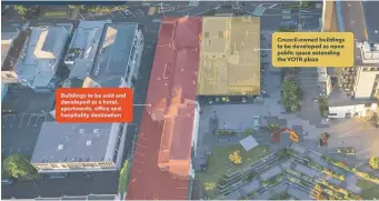  ?? ?? In red in this council-supplied graphic is the area earmarked for the hotel developmen­t. The yellow area is for open public space.