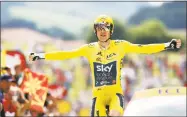  ?? Christophe Ena / Associated Press ?? Britain’s Geraint Thomas reacts as he crosses the finish line during the 20th stage of the Tour de France on Saturday.