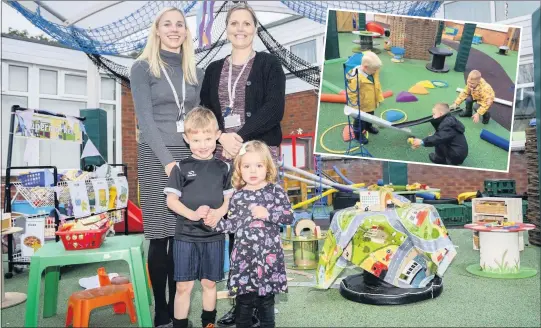  ??  ?? Early Years nursery teacher Jennifer Sharman and teaching assistant Sonia Johnson with current reception student Zach aged four with his sister Alicia Trafford, aged two. Inset, children enjoy the school’s new nursery.