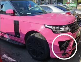  ??  ?? Pranged: Damage (circled) on Miss Price’s pink Range Rover