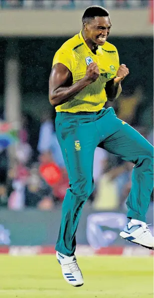  ??  ?? Victory jig: Bowler Lungi Ngidi jumps for joy as South Africa win the match