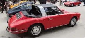  ??  ?? Below left: Here is a Porsche you don’t often see: a ’67 912 ‘soft window’ Targa, number 74 of 544 assembled