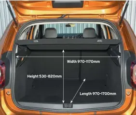  ??  ?? With the rear seats in place, the Duster’s boot is as long as it is wide up to the rear wheel wells. There is a bit of a lip to navigate when loading, though.