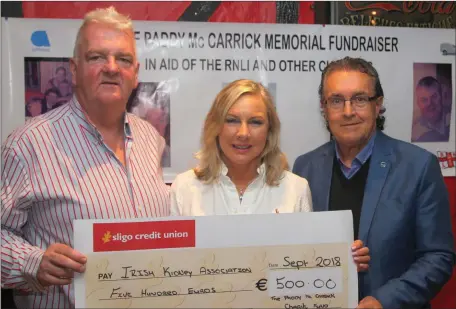  ??  ?? The Sligo Branch of the Irish Kidney Associatio­n were delighted to receive a cheque of €500 presented by Aiden and Imelda Meehan Blue Lagoon Riverside Sligo to IKA PRO Noel Kennedy. Recently the hard-working committee hosted a fund raiser in memory of the late Paddy McCarrick. A soccer match was played at the Ray MacSharry Complex, Cranmore between a mixed team from Sligo University Hospital and a Paddy McCarrick mixed XI. A great night of celebratio­n was held afterwards in the Blue Lagoon with all monies going to charity in particular RNLI and also to IKA Sligo. Pictured above, from left: Aiden Meehan, Imelda Meehan, Noel Kennedy.
