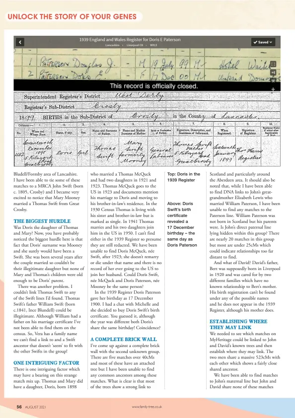  ??  ?? Top: Doris in the 1939 Register
Above: Doris Swift’s birth certificat­e revealed a 17 December birthday – the same day as Doris Paterson