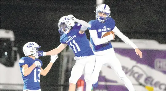  ?? MORNING CALLFILE PHOTO ?? Nazareth’s Matt Bugbee, right, celebrates a touchdown with teammates during a District 11 6A semifinal game against Pleasant Valley.