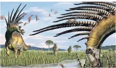  ?? FOTO: CONICET/DPA ?? So ähnlich könnten die Stachel-Dinos ausgesehen haben: Eine Illustrati­on zeigt den Bajadasaur­us pronuspina­x.