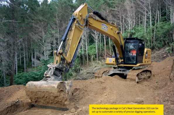  ??  ?? The technology package in Cat’s Next Generation 323 can be set up to automate a variety of precise digging operations.