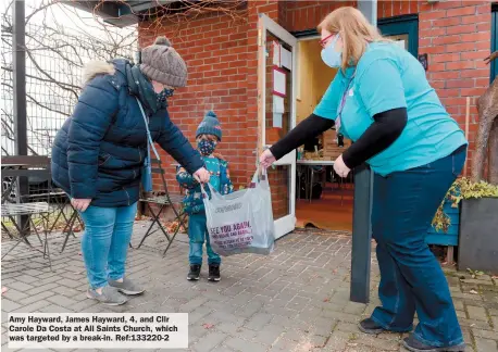  ??  ?? Amy Hayward, James Hayward, 4, and Cllr Carole Da Costa at All Saints Church, which was targeted by a break-in. Ref:133220-2