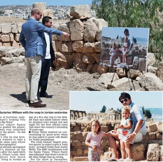  ??  ?? Surprise: William with the snap in Jordan yesterday Flashback: Kate, left, with Pippa and father Michael at same spot in 1986
