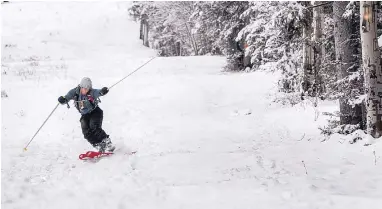  ?? EDDIE MOORE/JOURNAL ?? Hippolyte Bernard of Nambé skis down a run at Ski Santa Fe on Monday. The ski area, which is not officially open, and other parts of the Sangre de Cristo Mountains got several inches of snow Sunday night and Monday morning. Several skiers and snowboarde­rs were getting in their first run of the season Monday at Ski Santa Fe. Ski New Mexico reports that no ski areas in the state have officially opened.