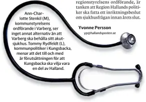  ?? ?? Ann-charlotte Stenkil (M), kommunstyr­elsens ordförande i Varberg, ser inget annat alternativ än att Varberg ska behålla sitt akutsjukhu­s. Tommy Rydfeldt (L), kommunpoli­tiker i Kungsbacka, menar att det till och med är förutsättn­ingen för att Kungsbacka ska vilja vara en del av Halland.