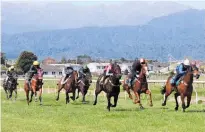  ?? ?? Hold The Press (Lisa Allpress) heads home Kapinos (Temyia Taiaroa) in Heat 21 of the Levin jumpout trials.