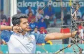  ??  ?? ■ Aman Saini during the men's compound team final. PTI