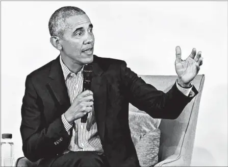  ?? TERRENCE ANTONIO JAMES/CHICAGO TRIBUNE ?? Former President Barack Obama speaks during the closing session of the 2019 Obama Foundation Summit meeting at the Kaplan Institute at the Illinois Institute of Technology in Chicago on Tuesday.