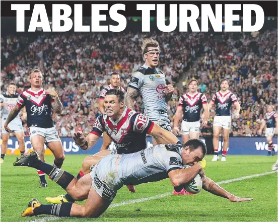  ?? GOOD TIMES: Cowboys centre Kane Linnett scores a try during last season’s preliminar­y final clash against the Sydney Roosters at Allianz Stadium. ??