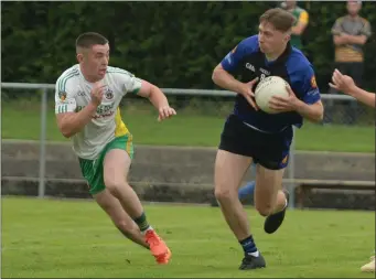 ??  ?? Sean Meehan, Sliabh Luachra Gaels, looks for an opening against Boherbue during the Central Sports Stores Duhallow U-21 FC Final at Cullen. Photo by John Tarrant