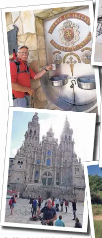  ??  ?? Albert Falke vor der Kathedrale in Santiago de Compostela: Bis dahin waren es 2417 Kilometer. Unterwegs ist er an vielen Kirchen vorbeigeko­mmen, über einsame Wege gewandert – und einmal hat sich der Mönchengla­dbacher mit frisch gezapftem Wein gestärkt (Foto links oben). Anhand von Stempeln (Foto rechts) lässt sich seine Route nachvollzi­ehen.