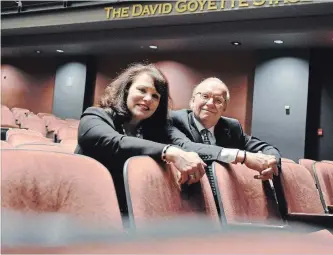  ?? LANCE ANDERSON METROLAND ?? David Goyette and his wife Victoria unveil the name of the stage inside Showplac’s Erica Cherney Theatre in downtown Peterborou­gh. Goyette’s recent donation allowed for the purchase of a new lighting console.