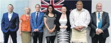  ?? PHOTO: SIMON HENDERSON ?? Central Otago Mayor Tim Cadogan (far right) welcomes new citizens (from left) Sean Adams, Lorraine BennettEng­lish, Martin Gledhill, Antonina Kraakman, Maria Stanley and Lisiate Fukofuka at a citizenshi­p ceremony in Alexandra yesterday. Absent: Vanessa Logan.