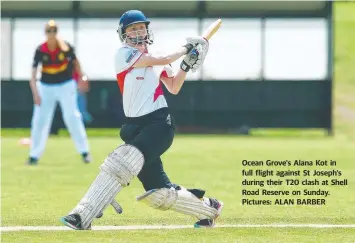  ??  ?? Ocean Grove's Alana Kot in full flight against St Joseph’s during their T20 clash at Shell Road Reserve on Sunday. Pictures: ALAN BARBER