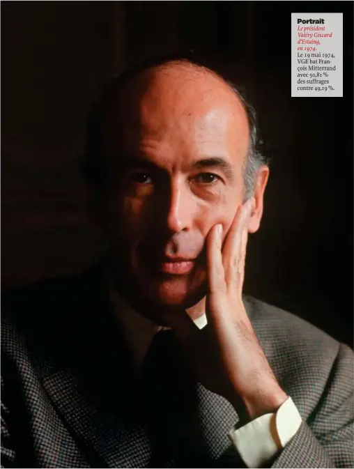  ??  ?? Portrait
Le président Valéry Giscard d’Estaing, en 1974.
Le 19 mai 1974, VGE bat François Mitterrand avec 50,81 % des suffrages contre 49,19 %.