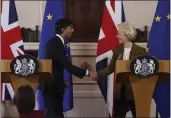  ?? DAN KITWOOD — POOL VIA AP ?? Britain's Prime Minister Rishi Sunak and EU Commission President Ursula von der Leyen, right, shake hands after a press conference at Windsor Guildhall, Windsor, England, on Monday.