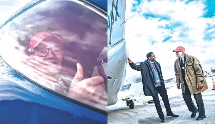  ??  ?? (Left) Tuskegee Airman Col Charles McGee gives a thumbs-up as he celebrates his 99th birthday with a flight aboard a private jet Saturday in Virginia. • Captain Glenn Gonzales, left, gives Tuskegee Airman Col. Charles McGee a tour of the aircraft as they prepare to celebrate McGee’s 99th birthday with a flight aboard the HondaJet on Saturday in Dulles, Virginia.