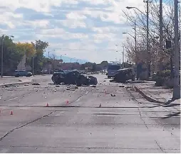  ?? SOURCE: KOAT-TV ?? D’Markus Blea was a passenger in this car when it was hit early Saturday by a Jeep being chased by Albuquerqu­e police. Officers said the Jeep had been stolen at gunpoint the night before.