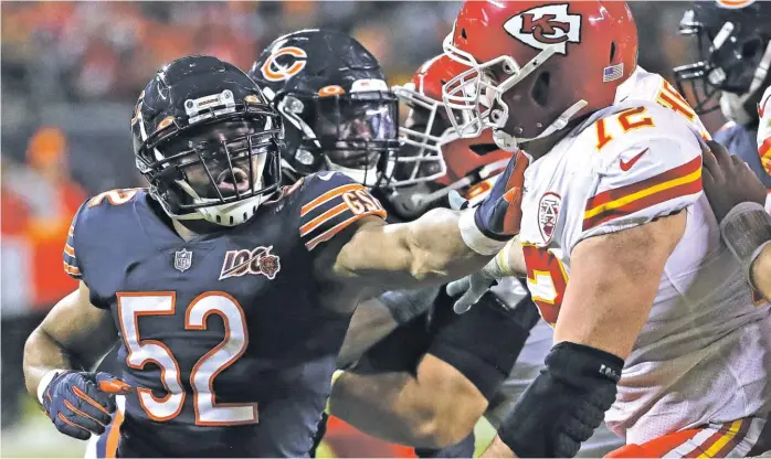  ?? JONATHAN DANIEL/GETTY IMAGES ?? Khalil Mack (shown Sunday against Chiefs offensive tackle Eric Fisher) was voted to his fifth consecutiv­e Pro Bowl, but he said he will examine his play during the offseason.