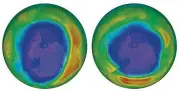  ?? NASA ?? These images show areas of low ozone above Antarctica on September 2000 (left) and September 2018. The purple and blue colors are where there is the least ozone; the yellows and reds are where there is more.