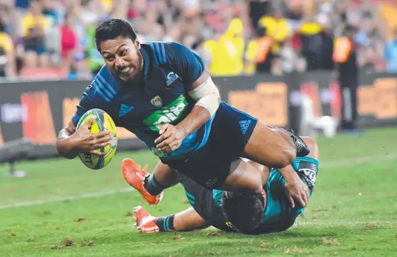  ?? Picture: AAP ?? George Moala of the Blues dives over to score a try to win the Brisbane Global Rugby Tens Final against the Hurricanes at Suncorp Stadium