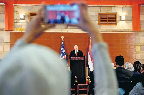  ??  ?? US-Außenminis­ter Mike Pompeo bei seiner programmat­ischen Nahost-Rede an der American University Cairo.