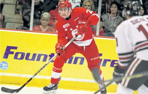  ?? BRIAN KELLY/POSTMEDIA NEWS ?? Conor Timmins, 18, of Thorold is shown clearing the puck for the Sault Ste. Marie Greyhounds in this March 2016 file photo.